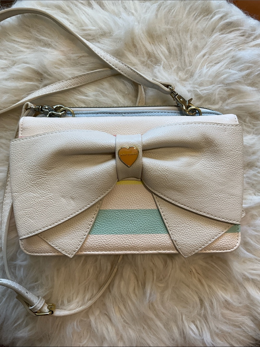 Betsey Johnson Cream Crossbody with Pastel Stripes & Bow